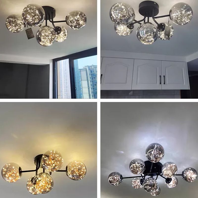 Sputnik Metall Deckenlampe Moderne sternenklinische LED Black Semi Flush mit globalem Glasschatten