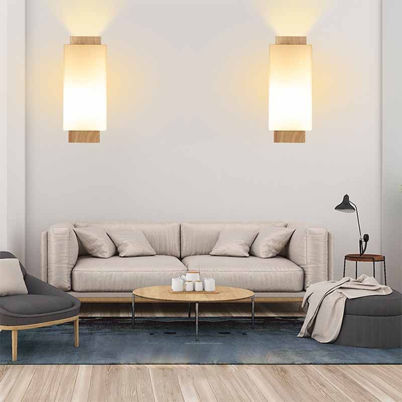 Modern Wood Wall Sconce Rectangle Shape Vanity Lamp with Glass Shade for Bathroom