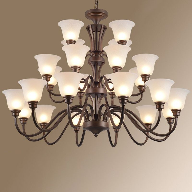 Bell Frost Glass Ceiling Lighting Traditional Living Room Chandelier Light Fixture in Brown