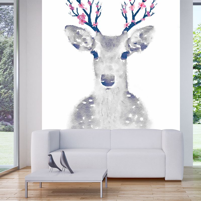Full-Size Animal Wall Murals for Accent Wall Sika Deer Wall Covering in Grey, Washable
