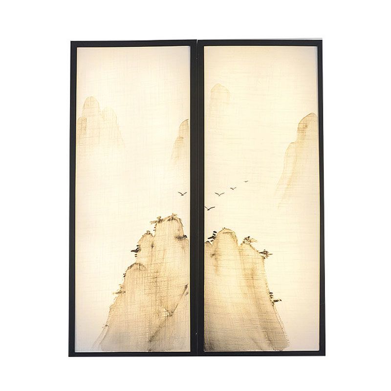 Hills Drawing Bedroom Wall Mural Light Fabric Asian 16"/35.5" W LED Sconce Lighting in Black