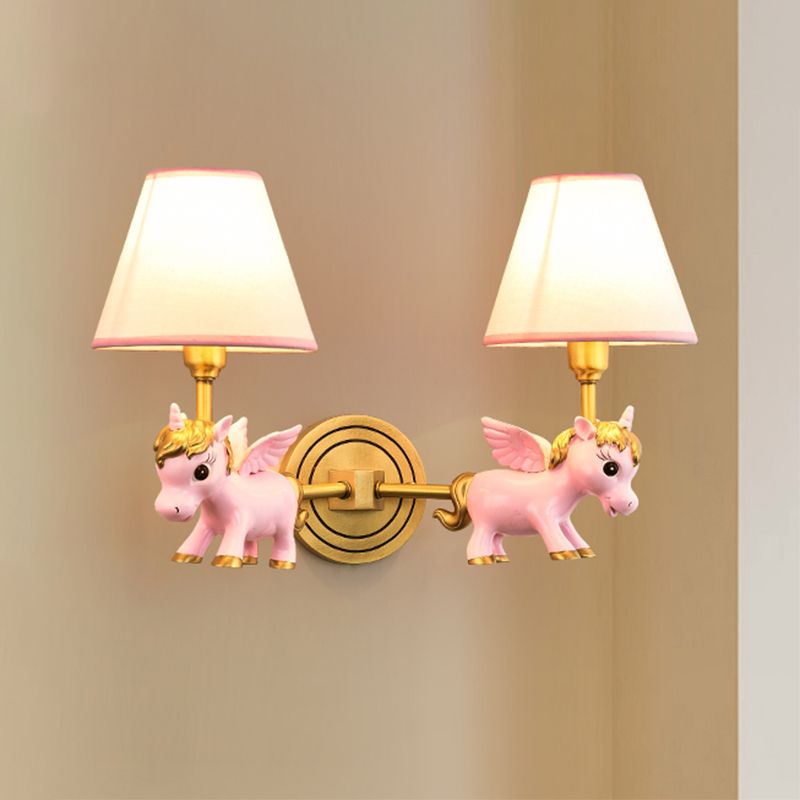 Kid Flying Unicorn Wall Mount Light Kids Resin Child Room Wall Light Fixture with Tapered Fabric Shade