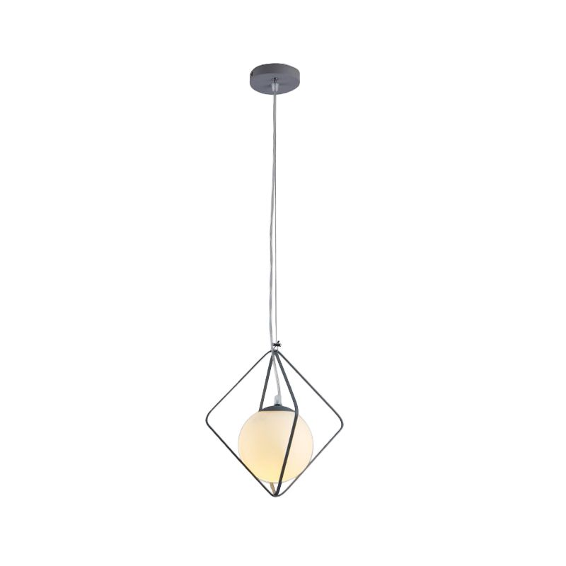 Grün/grau Rhombus Käfig Anhänger Licht Minimalist 1 Kopfeisen Hanging Lampe Kit mit Kugelmilchglas Schatten im Inneren