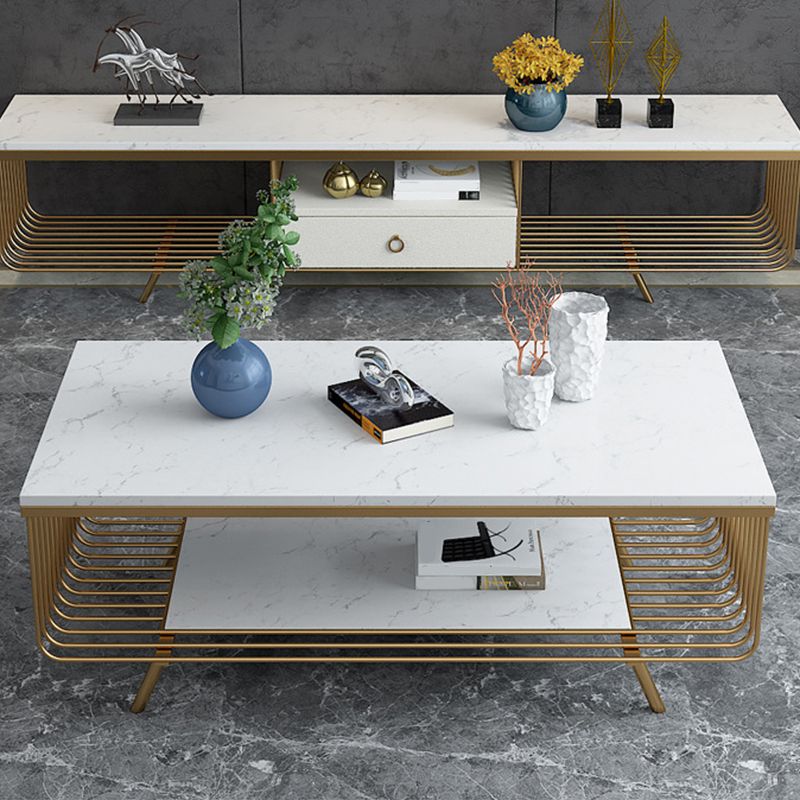 Glam 4 Legs Rectangular Marble Top Coffee Table with Storage Shelf