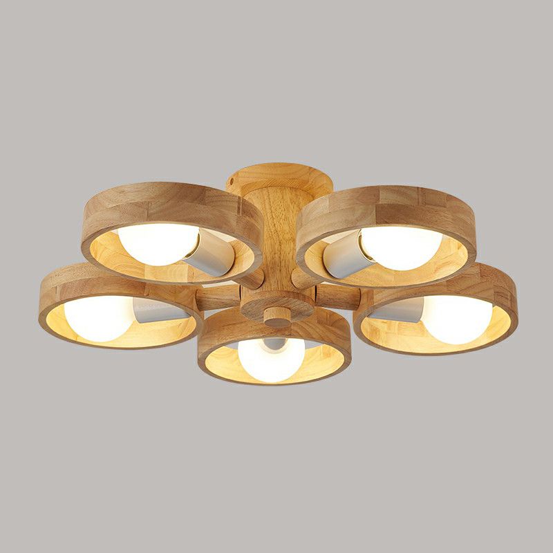 Ring Shaped Semi Flush Chandelier Simplicity Wooden Bedroom Flush Mount Ceiling Light
