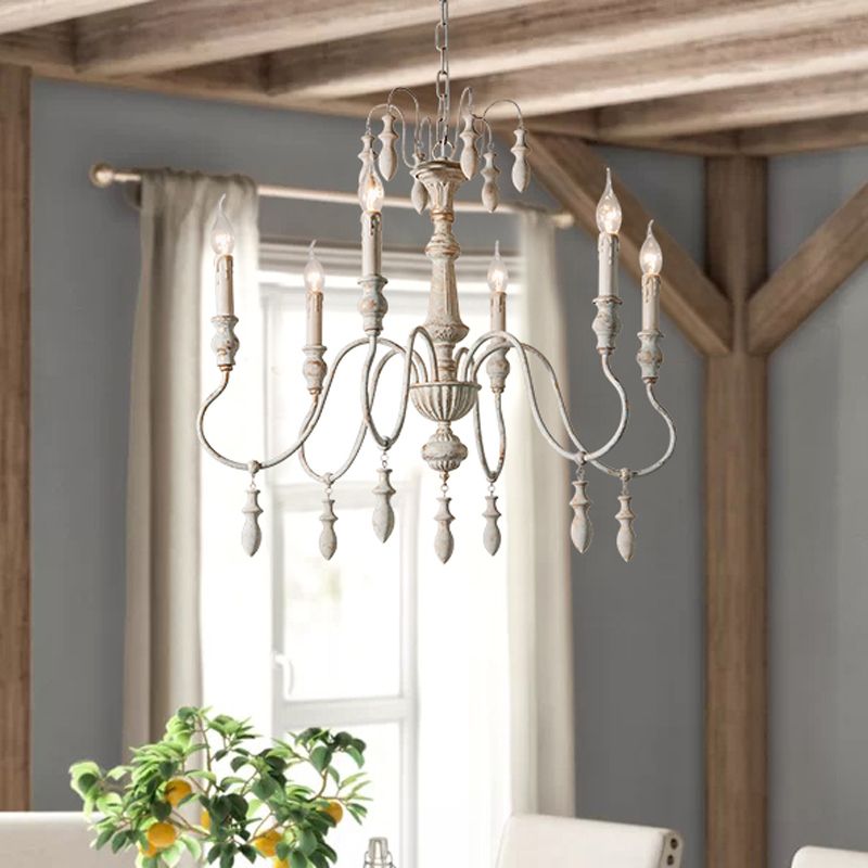 6 têtes en bois suspendu plafonnier country countre en détresse blanche swooping bras salle à manger l'éclairage de lustre