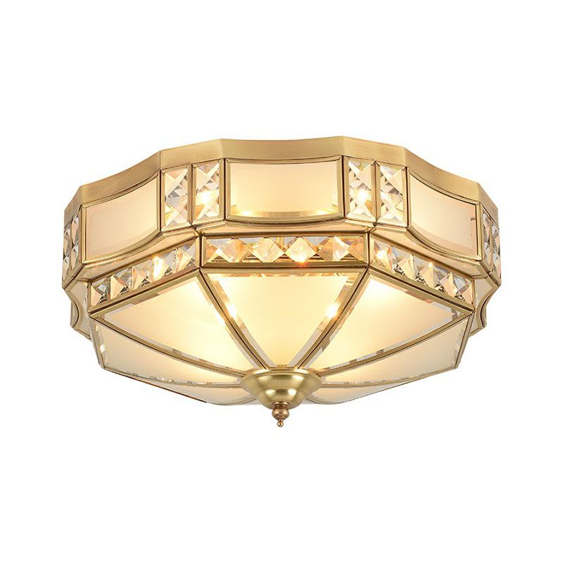 Classic Octagonal Ceiling Lighting Semi-Opaque Glass Flush Light Fixture with Crystal Accent in Brass