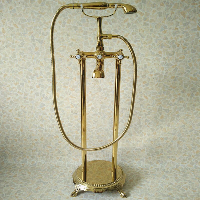 Floor Mounted Tub Spout 3 Handles Traditional Freestanding Tub Filler in Gold