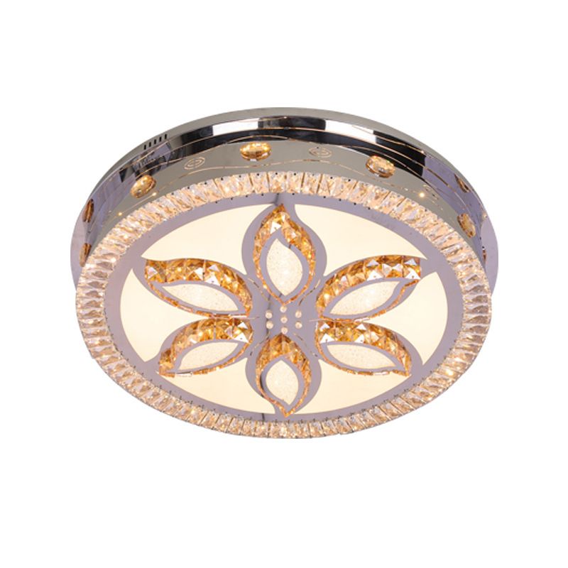 LED Round Flushmount Light Contemporary Stainless-Steel Finish Clear Crystal Blocks Ceiling Lamp with Flower Pattern