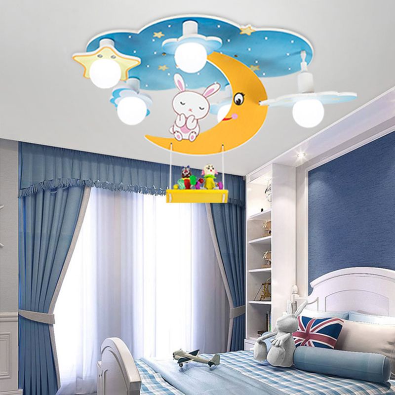 Plafonnier Blue Sky pour enfants, plafonnier en bois à 5 lumières de style créatif avec abat-jour en verre