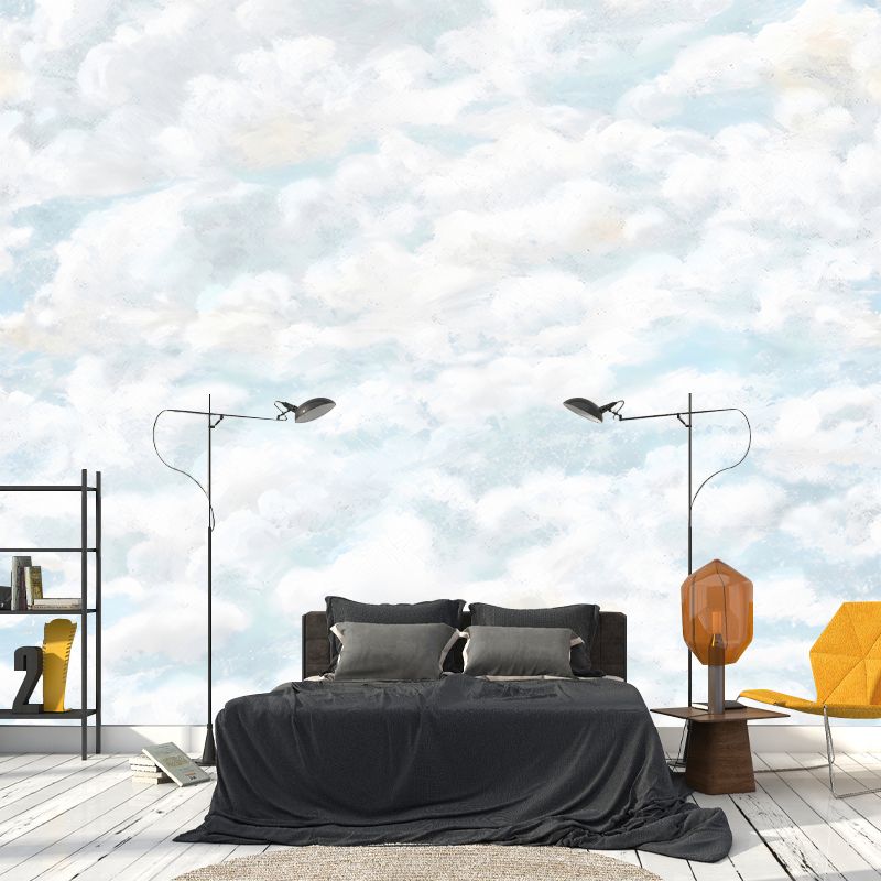 Whole Clouds Patterned Wall Mural Sky Blue-White Non-Woven Wall Covering, Water Resistant, Custom Made