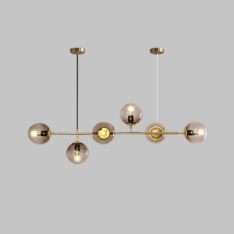 Linear 6 Light Pendant Ceiling Iron and Glass Modern Kitchen Island Light Fixture in Gold