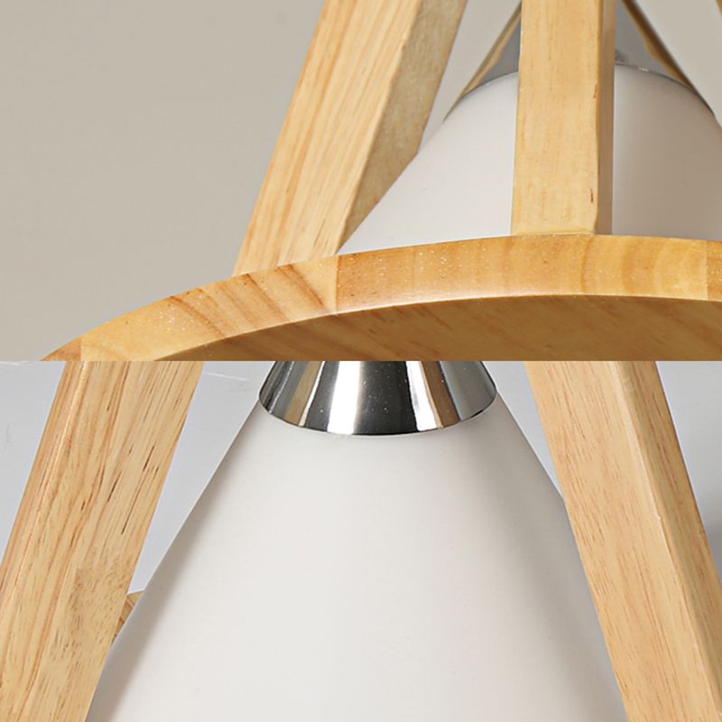 Modern Cone Pendant Light Wood & Frosted Glass Hanging Light in Beige for Coffee Shop