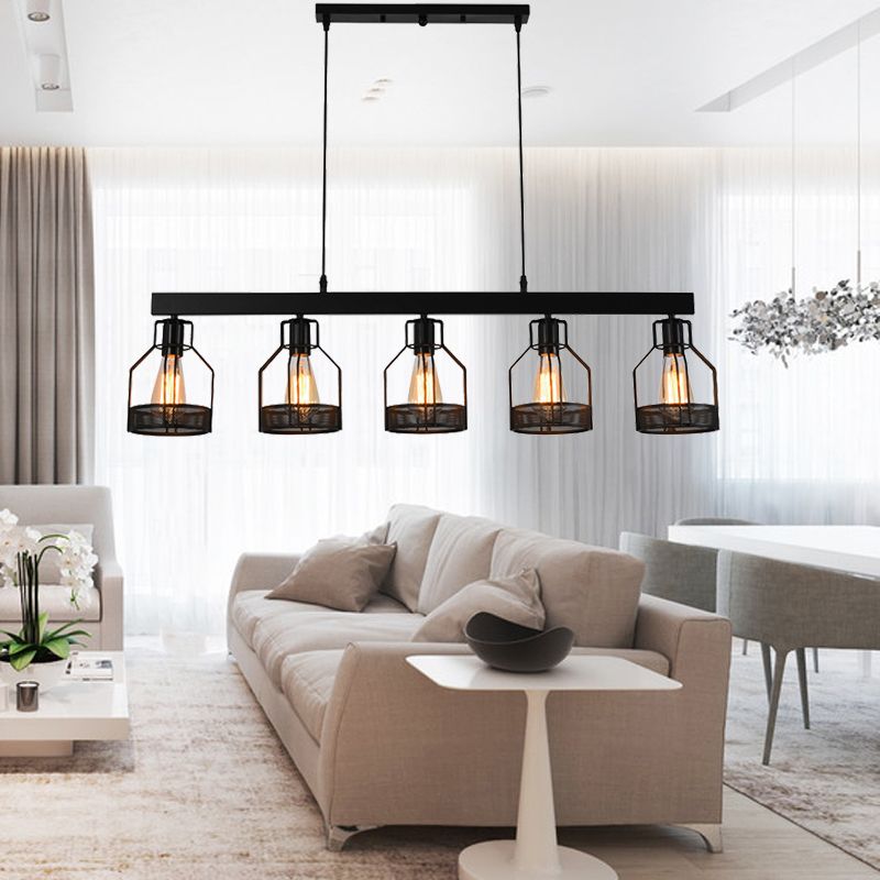 Wire Guard Metal Island Light Vintage Industrial 5 Lights Dining Room Linear Hanging Light Fixture in Black