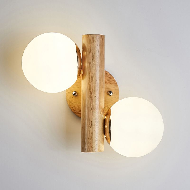 Modern Style Ball Shade Wall Light Wood 2 Lights Sconces for Bedroom