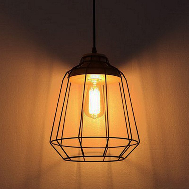 Wrought Iron Black Hanging Light in Industrial Vintage Style Wooden Single Pendant Light with Iron Frame