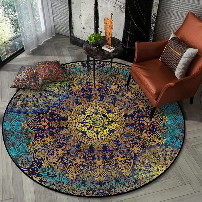 Antiqued Floral Patterned Rug Distressed Blue-Yellow Moroccan Rug Polyester Washable Non-Slip Backing Stain Resistant Rug for Home
