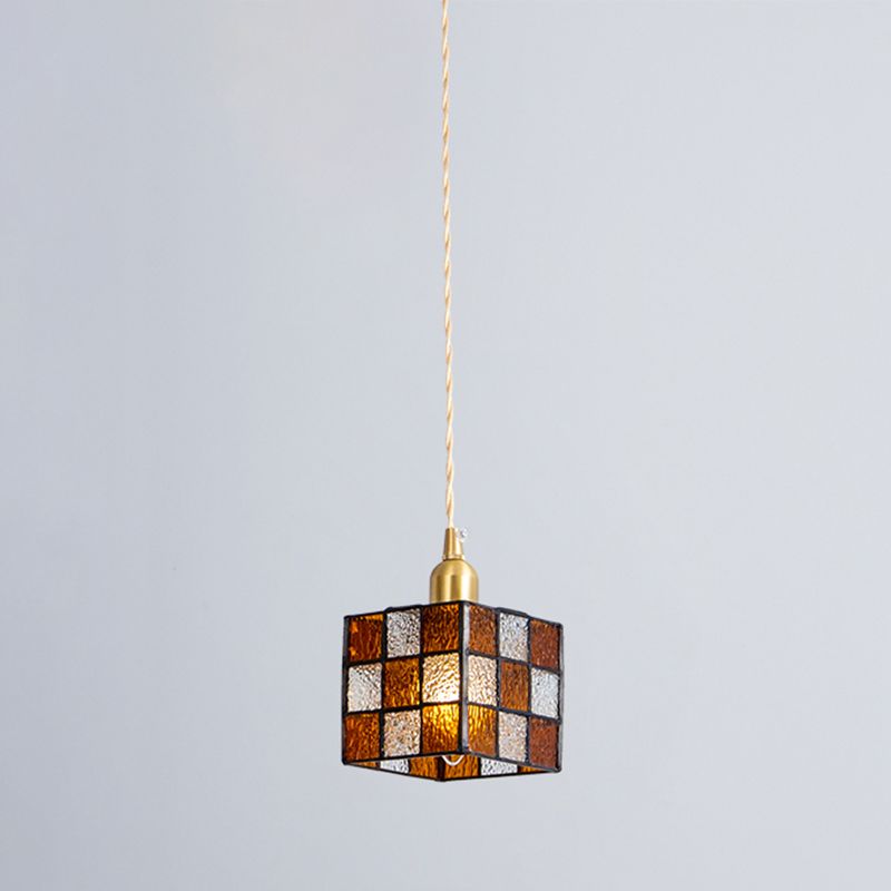 Buntglas quadratischer Anhänger Lampe Tiffany Style 1 Kopf Messing Hängende Leuchte