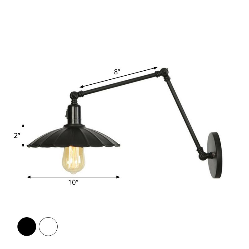 1-Light Iron Wall Light Industrial Black/White Cone/Saucer/Scalloped Bedroom Wall Mounted Lamp with Swing Arm