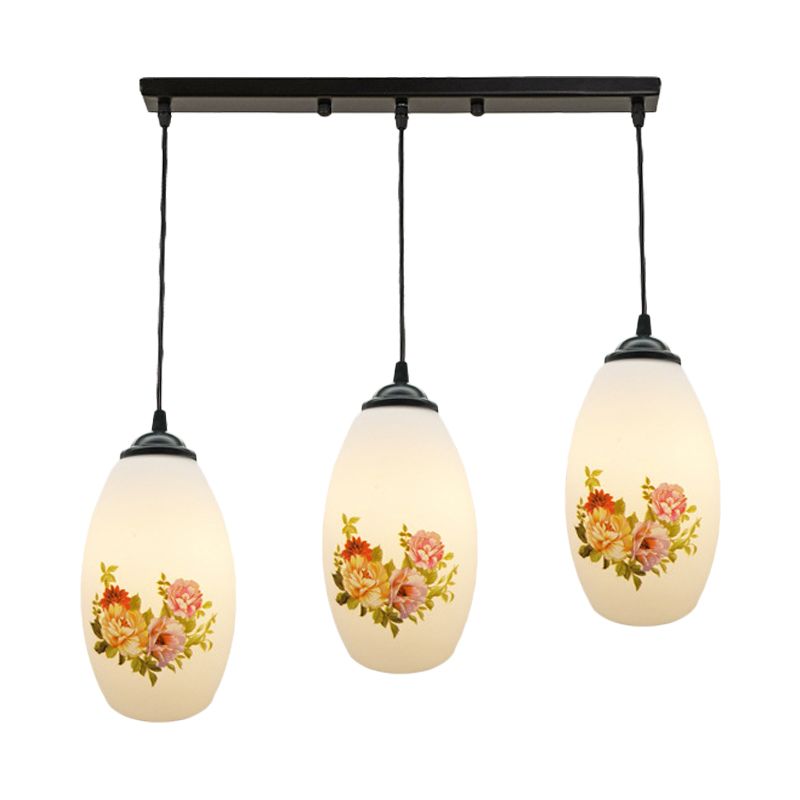 Minimalism Oval Multi Lamp Pendant 3 Heads White Frosted Glass Suspension Light in Black with Linear/Round Canopy