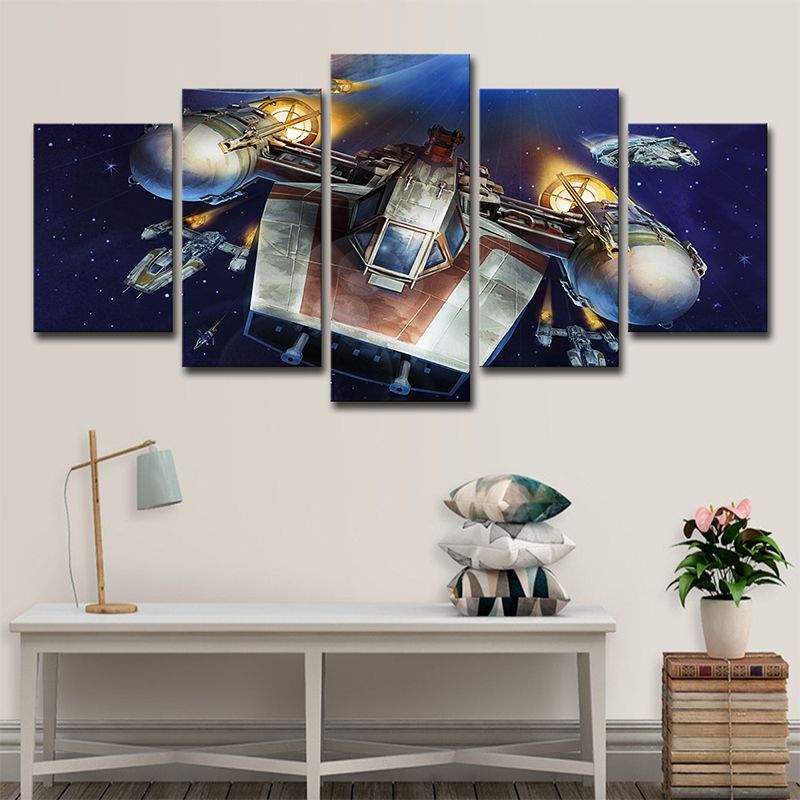 Sci-Fi Y-Wing Starfighter Wall Art Decor Dark Blue Outer Space Canvas Print for Bedroom