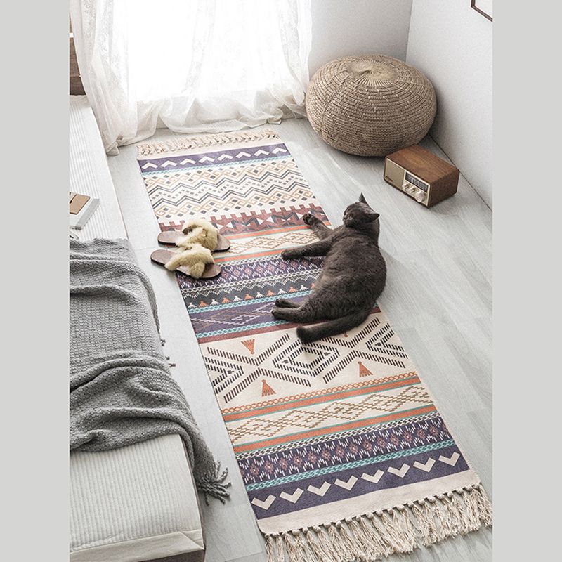 Bohemian Americana Pattern Carpet Purple Polyester Area Rug Fringe Indoor Rug for Home Decor