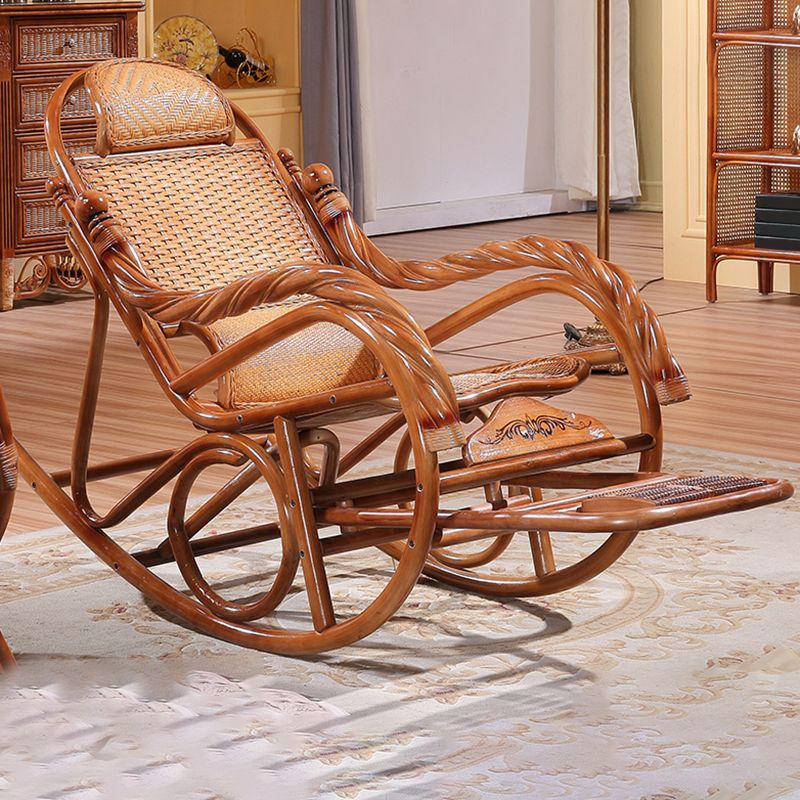 Traditional Rocking Chair Rattan Frame Spindle Backrest Solid Color Indoor Rocking Chair