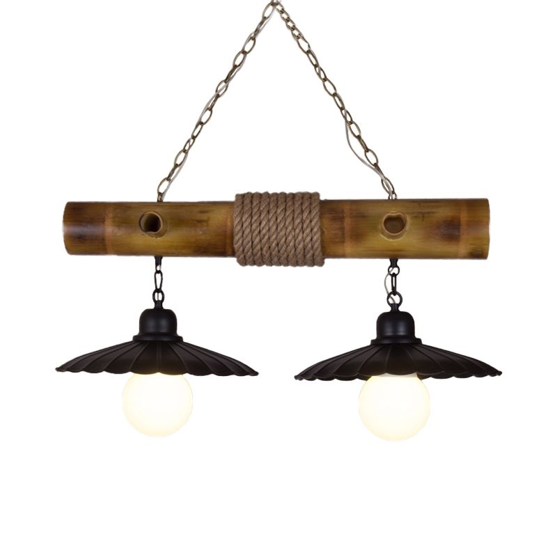 2 Heads Scalloped Hanging Lamp Countryside Black Rope and Bamboo Island Lighting for Dining Room