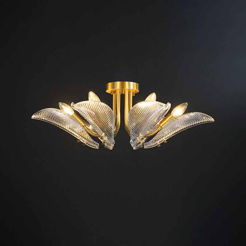 6 Heads Transparent Glass Ceiling Lamp Postmodern Brass Leaf Bedroom Semi Flush Mount Light