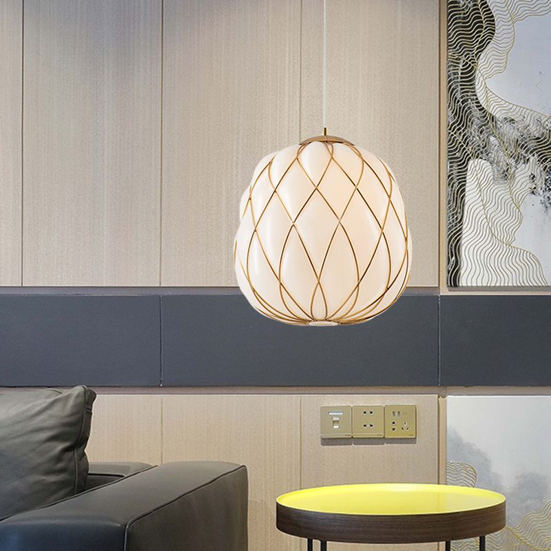 Wrapped White Glass Pendulum Light Modernism Gold 1 Head Ceiling Lamp for Bedroom