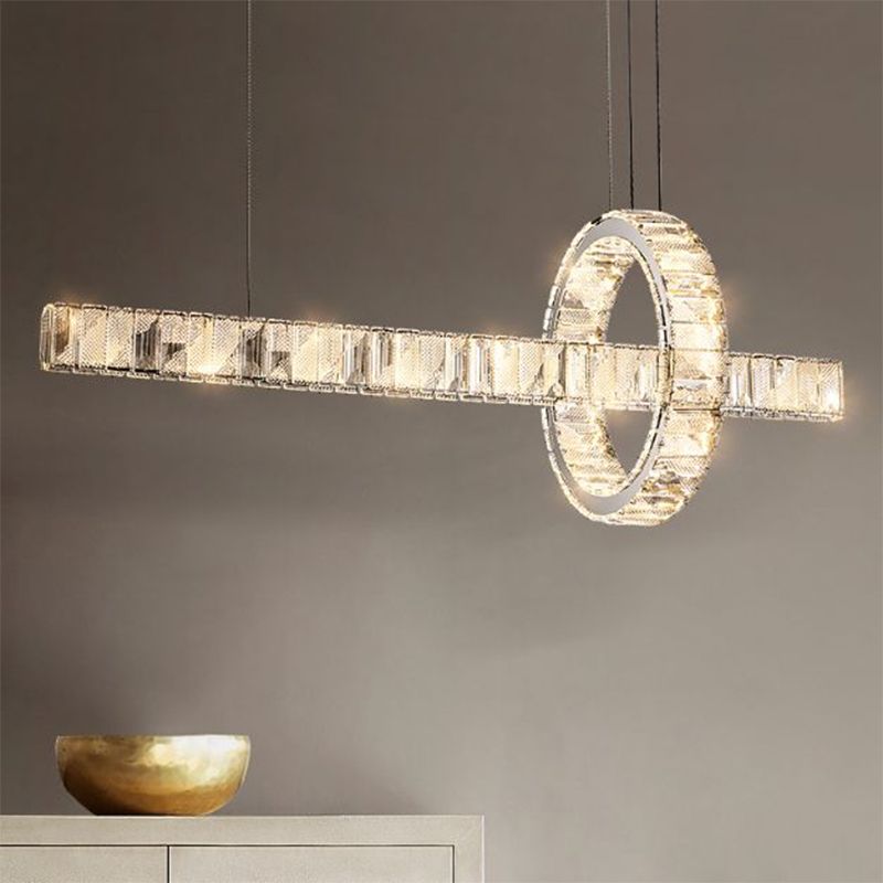 2 Light Linear Island Lights Modernism Crystal Island Light Fixtures in Silver Finish