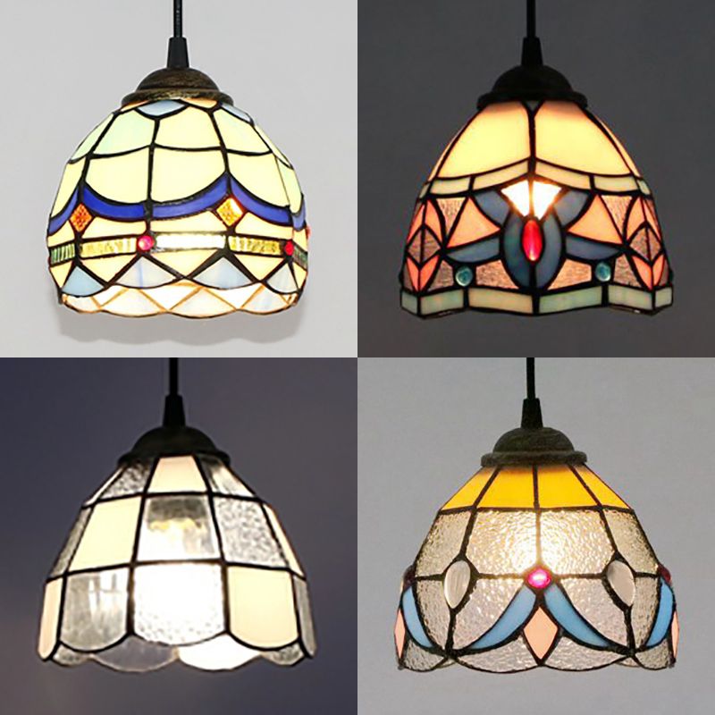 Mini Bowl Pendant Light Stained Glass Tiffany Single Hanging Lamp in Black Finish
