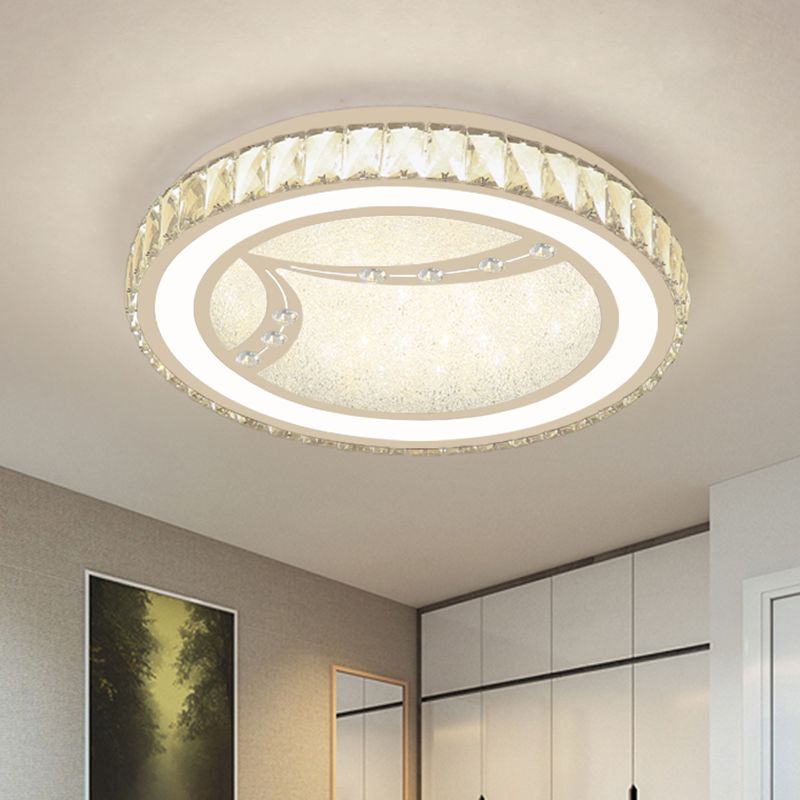 Minimalist Drum Ceiling Lamp Acrylic LED Bedroom Flush Mount Fixture with Crystal Bead Deco in Chrome, Warm/White Light