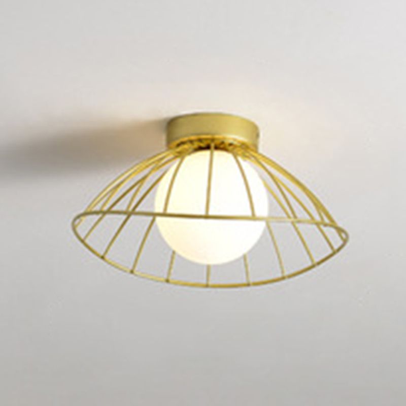 Iron Wire Saucer Shaped Flush Light Modern 1-Light Small Ceiling Mount Light with Ball White Glass Shade