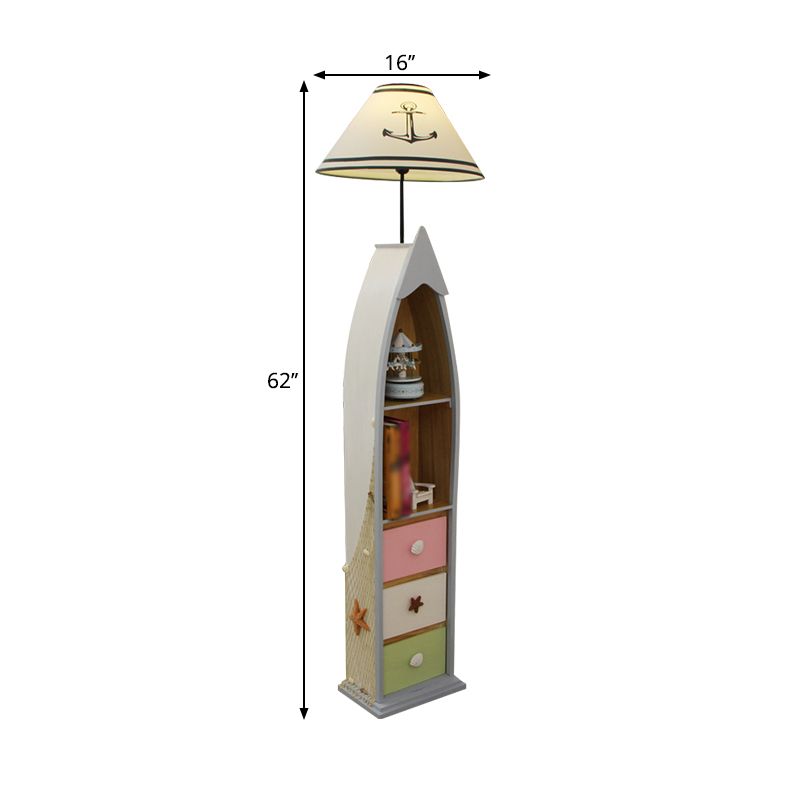 Conical Fabric Floor Lighting Kid 1-Bulb White/Yellow/Wood Ship Standing Lamp with Shelf and Drawer