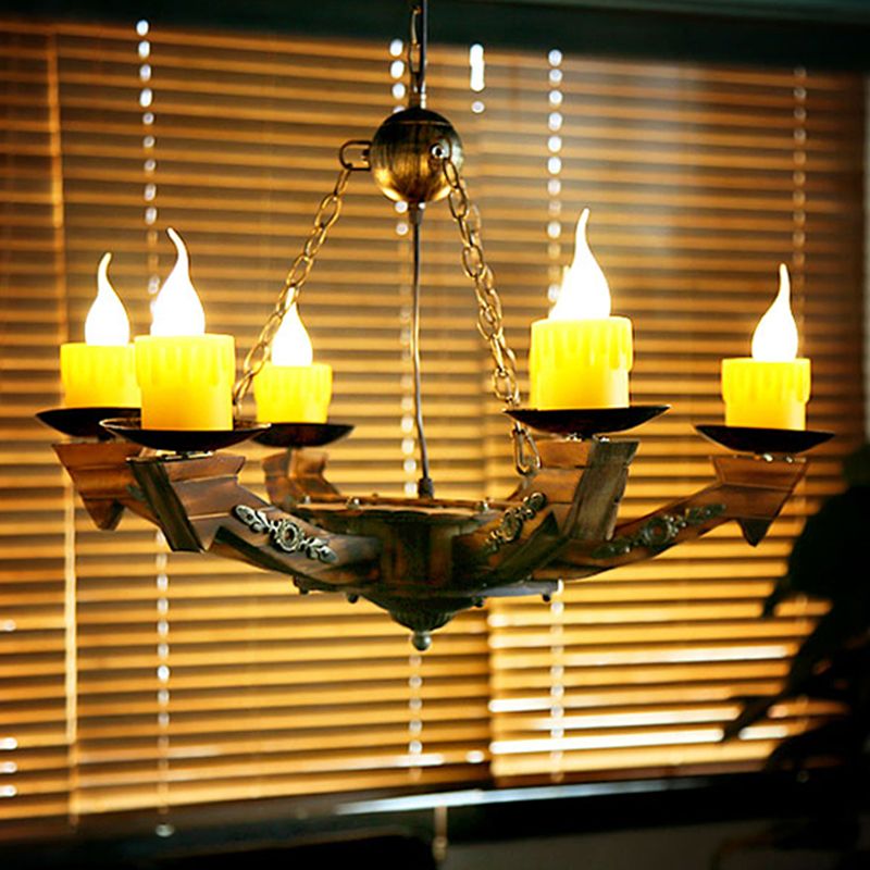 6 Lights Candle Chandelier Lamp Farmhouse Dark Wood Resin Pendant Lighting for Restaurant