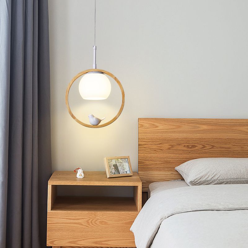 Moderne artistieke single hanging lamp houten bol hanglamp met witte glazen schaduw