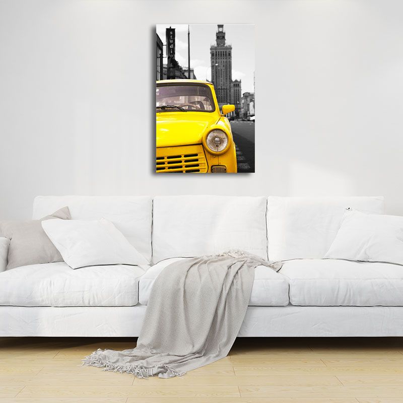 City Traffic View Art Print Yellow and Grey Canvas Wall Decor for Home, Textured