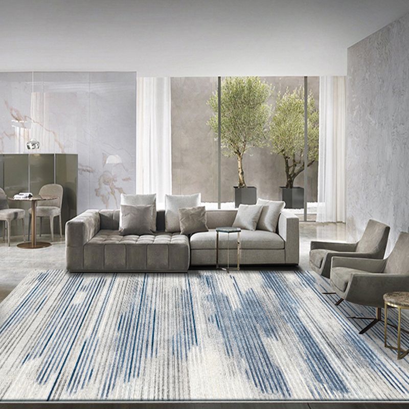 Blue Stripe Pattern Rug Polyester Modernist Rug Machine Washable Anti-Slip Backing Rug for Sitting Room