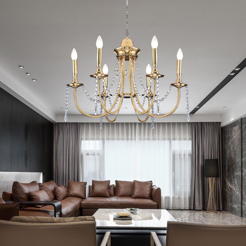 6 Heads Crystal Strand Hanging Light Postmodern Gold Candle Bedroom Chandelier Lamp