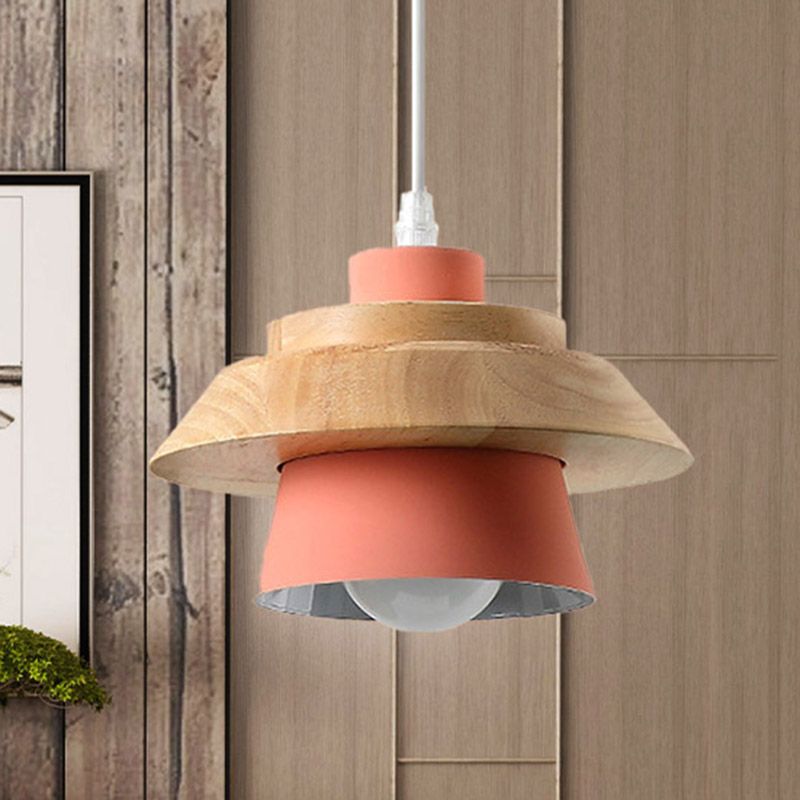 Macaron Style Mushroom Pendant Light Metal Wood 1 Light Hanging Light for Restaurant
