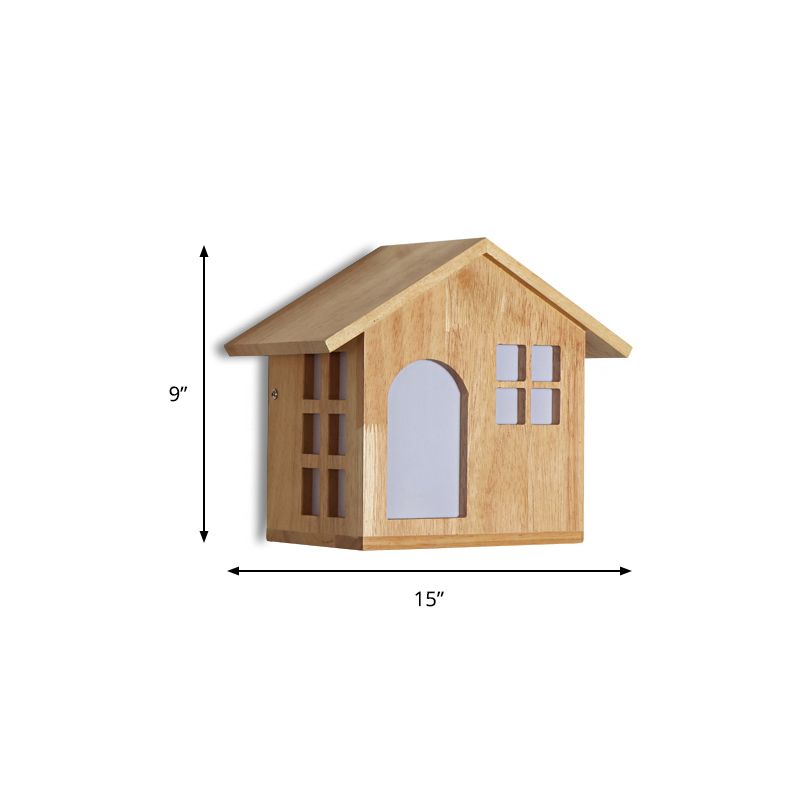 Kids Lodge Shaped Wall Sconce Wood Beige Sconce Light for Restaurant Child Bedroom