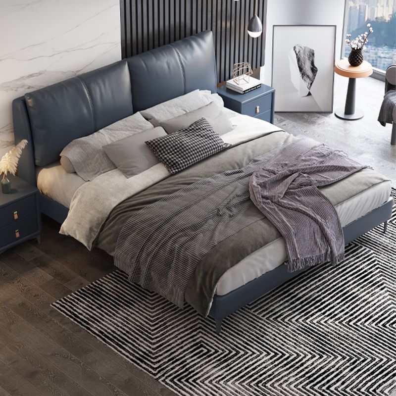 Modern Genuine Leather Panel Bed Pine Wood Rectangular Upholstered Bed