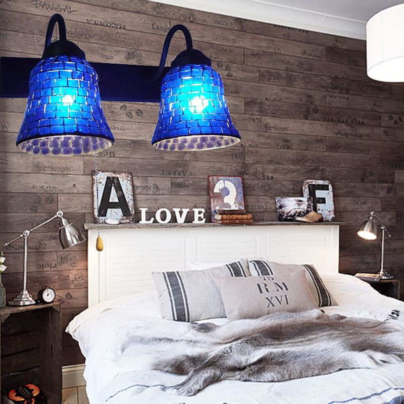 Stained Glass Bell Wall Mounted Light 2 Heads Yellow/Pink/Orange Sconce Light Fixture with Pull Chain Switch