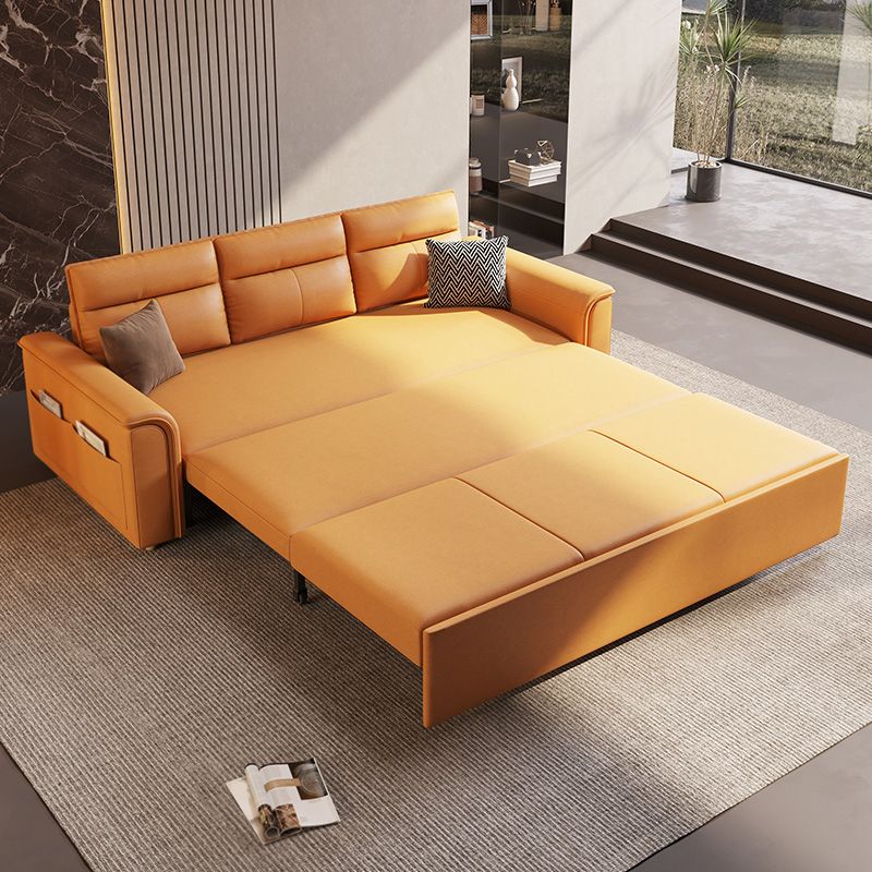 Scandinavian Orange Futon and Mattress Flared Arms Futon Sleeper Sofa with Storage