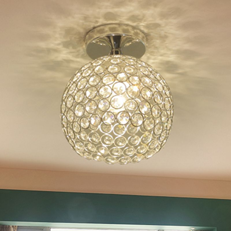 Romantic Globe Flush Mount Light 1 Head Metal und Clear Crystal Deckenleuchte in Chrome für Korridor