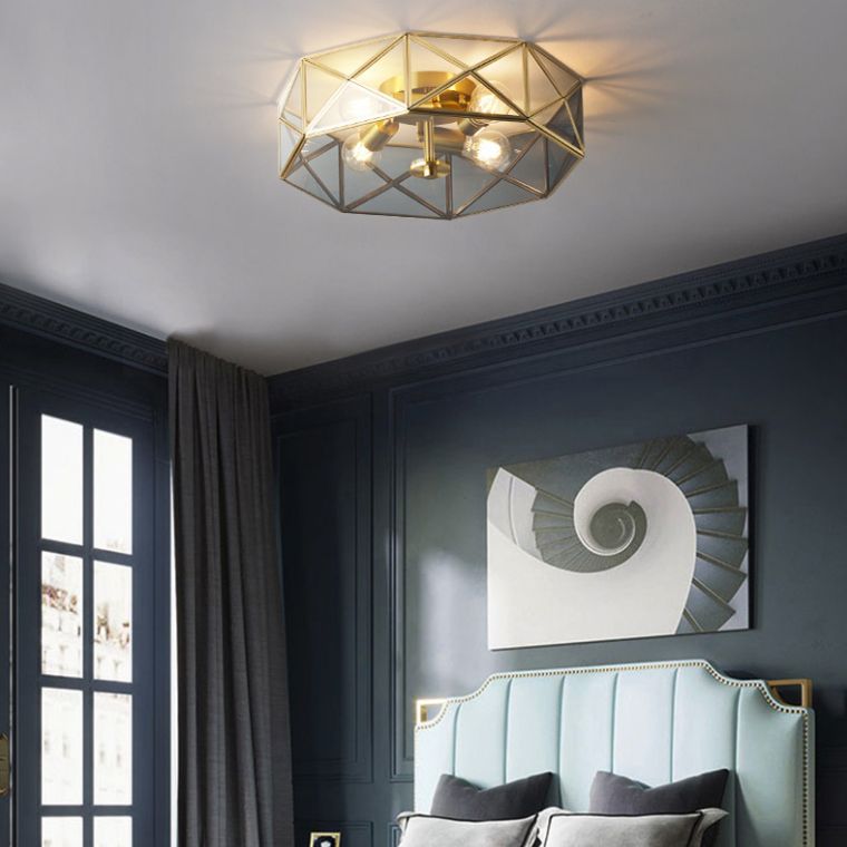 Plafonnier géométrique vintage colonial en cuivre, plafonnier à 4 lumières avec abat-jour en verre