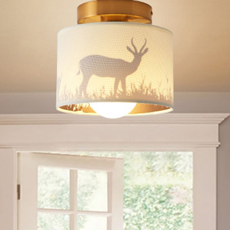 Fabric Cylinder Flush Mount Fixture with Flower/Deer Pattern Nordic 1 Bulb Flush Mount Ceiling Light for Foyer