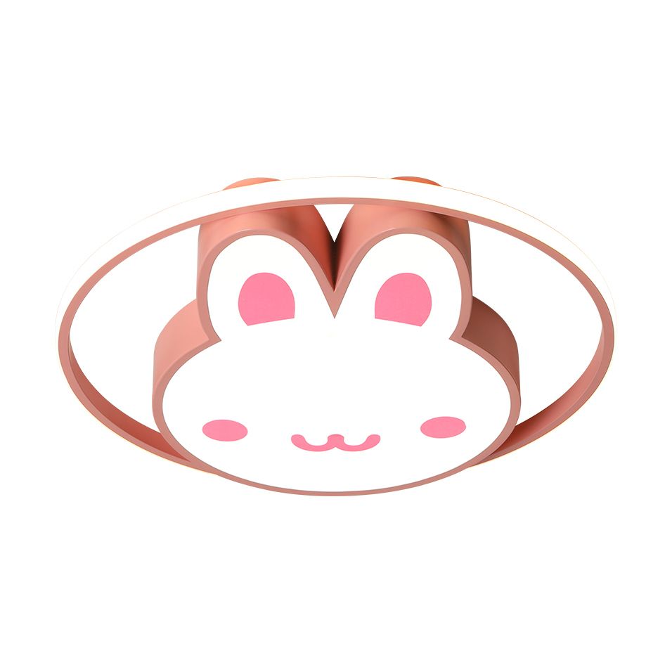 Rabbit Design Bedroom Flush Mount Light Acrylic LED Cartoon Style Flushmount Lamp with Metal Ring in Pink