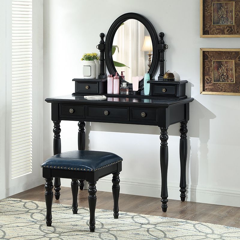 Traditional Mirrored Make-up Vanity Rubber Wood Dressing Table Stool Set